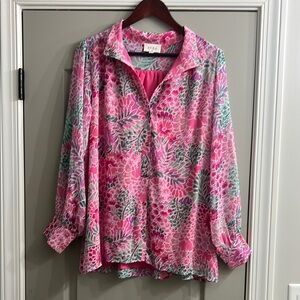 Aura Pink and Green lined button down blouse